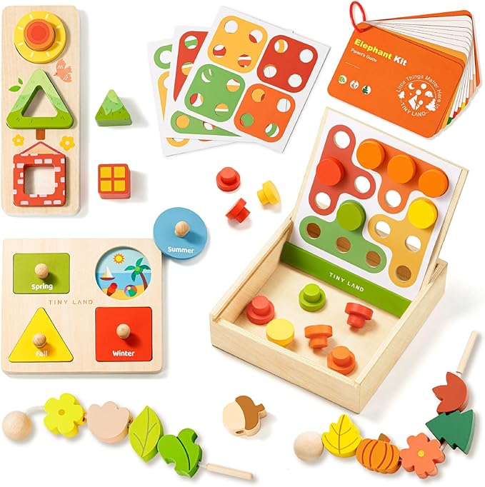 Tiny Land Montessori Toy Set for Babies 18-24 Months Investigator Play Kit- 4-in-1 Wooden Learning Toys with Color Sorting, Lacing Beads, Shape Matching, and Seasons Puzzles