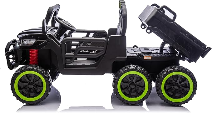 24V UTV 2 Seater Dump Truck with Remote Control, Electric Dump Bed, 4WD Power Ride on Truck Cars 6x6 Wheels, Music, Storage Trunk, Shovel for Kids-Black