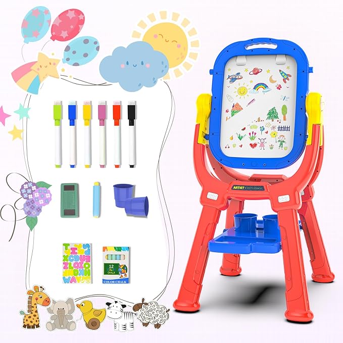 Easel for Kids, Toddler Art Easel Adjustable Standing, Magnetic Double Sided Easel with Painting Accessories Gift for Boys and Girls