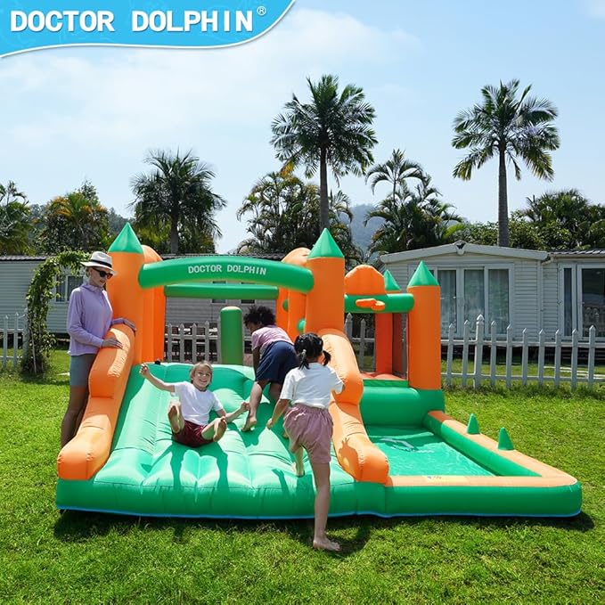 Doctor Dolphin Toddler Bounce House Ball Pit Inflatable Slide Bouncer Jump Bouncy House with Blower for Kids 3-8
