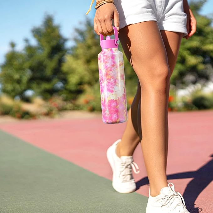 24 oz Double Walled Water Bottle for Women: Leakproof, Cup Holder Friendly, Standard Mouth, Top Handle, Insulated Stainless Steel Flask for Student, Teacher, Nurse, Commuter, Bag, Home (Cloudy Rose)