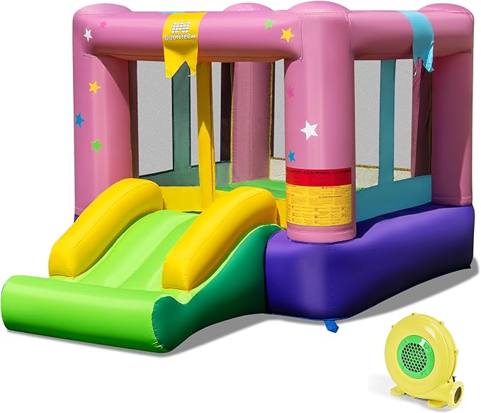 BOUNTECH Inflatable Bounce House, Bouncy House for Kids 3-12 Indoor Outdoor w/480W Blower, Jumping Area, Slide, Basketball Game, Mini Bounce House for Toddler Boys Girls Birthday Party Backyard Gifts