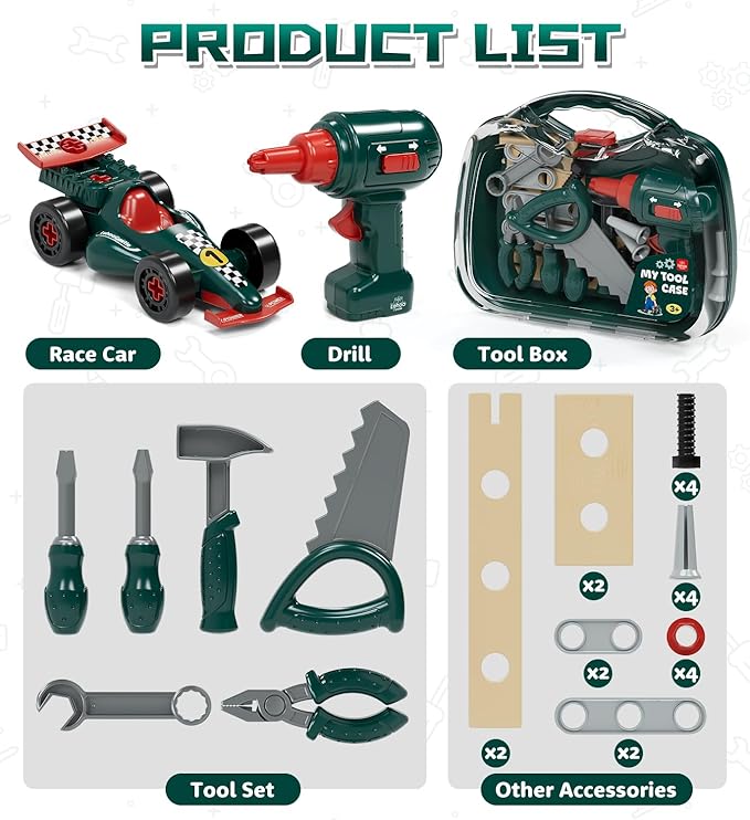 Lehoo Castle Kids Tool Set with Electric Drill & Take Apart Race Car, Construction Toys for Boys 3 4 5 Year Old, STEM Learning Toys for Ages 3+ with Storage Box, Birthday for Toddlers