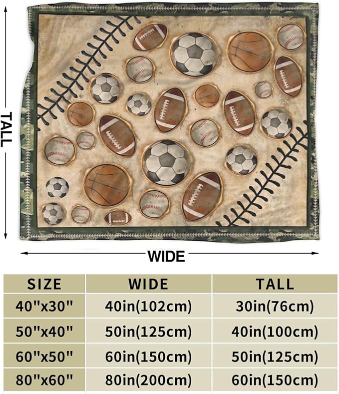 Vintage Sports Soccer Blanket Ultra Soft Cozy Plush Baseball Basketball Football Throw Blanket Sport Ball Fans Lovers Gifts Kids Adults Lightweight Flannel Comfy Blankets for Couch Sofa Bed 50"x40"