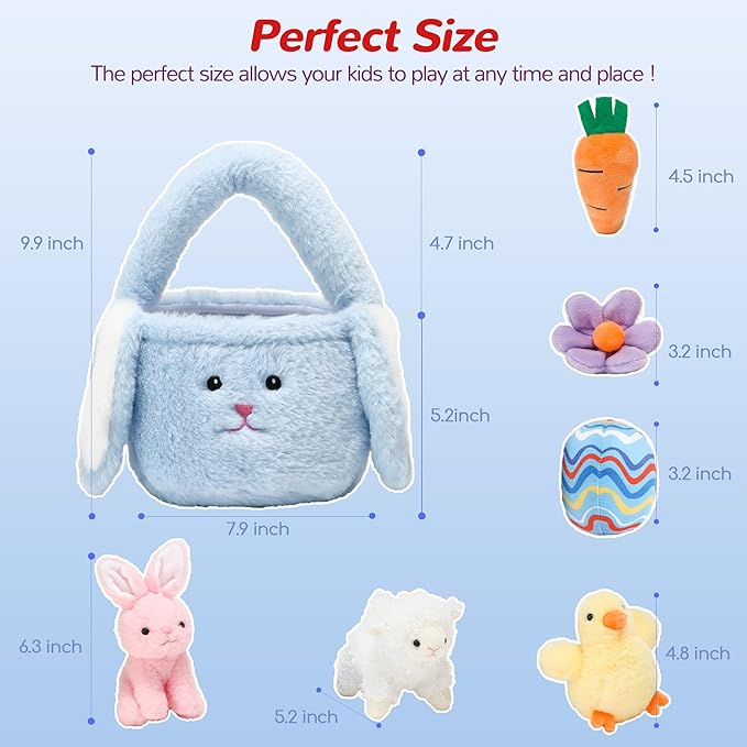 7 Piece Plush Stuffed Animals Playset Toys with Rabbit, Chick, Lamb, Carrot, Egg, Flower, Furry Bag, Soft Basket Set Toys for Girls Kids Ages 3+, Birthday Christmas Valentines Easter Party Favors