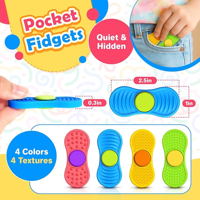 Sensory Fidget Spinnes for Kids Adults:Textured Finger Fidgets 4 Pack, Quiet Classroom Prize, Worry Stones for Kids with Autism ADHD, Anxiety Relief Office Desk Stress Toys Stocking Stuffers