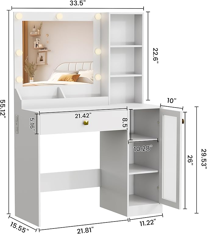 Makeup Vanity with Mirror and Lights & Power Outlet, 34'' Small Vanity Desk with Drawers and Storage Cabinet & Makeup Tray, Dressing Table for Girls Bedroom Dressing Room, White
