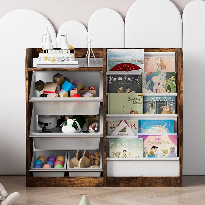 Rustic Kids Wood Bookshelf Toy Storage Box Organizer Shelf W/4 Removable Plastic Toy Bins Children Bookcase Toddler Baby Sling Book Rack Cabinet Chest Girl Boy Gift Playroom Classroom Bedroom Nursery