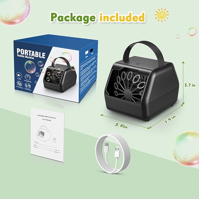 Portable Bubble Machine for Kids with 1800mAh Rechargeable Battery, 400ml Large Tank, Dual Speed Control & USB-C Charging, Indoor Outdoor Bubble Blower Party Toy (Black)