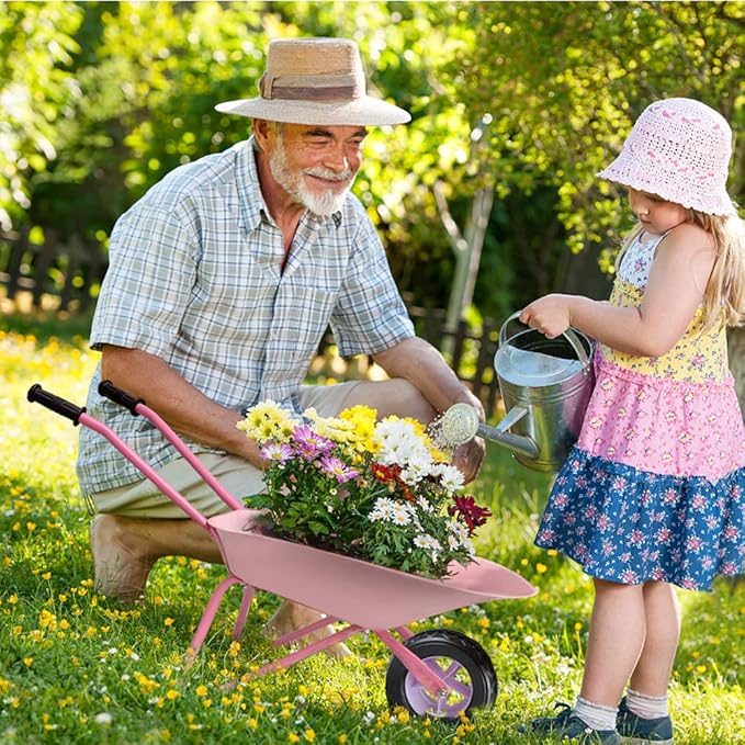 Kids Wheelbarrow Set Metal, Pink Child Wheel Barrel and Kids Gardening Tools Toddler, Garden Toys with Small Wheel Barrow, Outdoor Indoor Toys Gift for Girls
