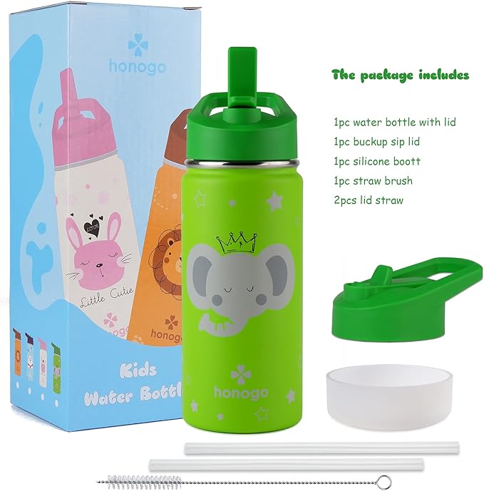 16 oz Stainless Steel Insulated Kids Water Bottle, Leak Proof Metal Thermal Flask with Straw lid, Cute Toddler Tumbler Cup for School Girls & Boys (Green, Elephant)