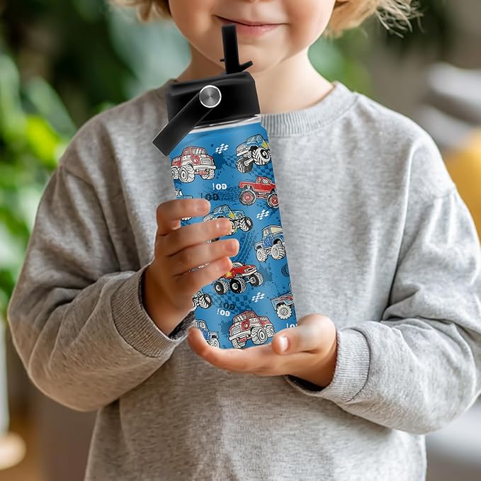Trucks Gifts for Boy Truck Lovers, 16 oz Water Bottles with Straw Lid, Stainless Steel Insulated Tumbler, Truck Cup Gifts for Birthday Christmas