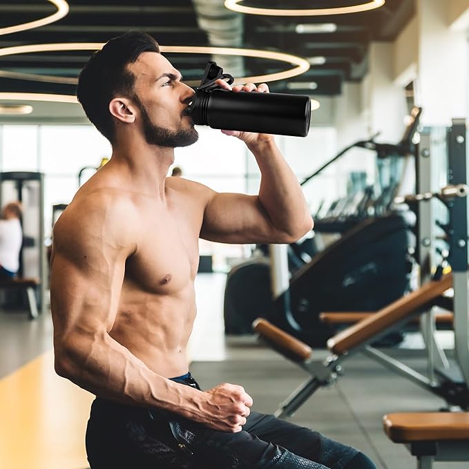 VEGOND 24oz Insulated Stainless Steel Water Bottle with Straw Lid, Double Wall Vacuum Bottle for Hiking, Camping, Gym, Work, Home Use, Black 8 Pack