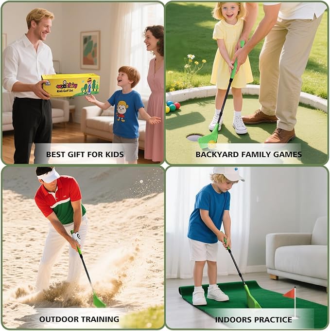 Kids Golf Club Set, Adjustable Backyard Outdoor Indoor Golf Clubs with Oversized Club Heads for Kids, Juniors, and Family Play Golf Game in Grass, Parks, Yards (Green)