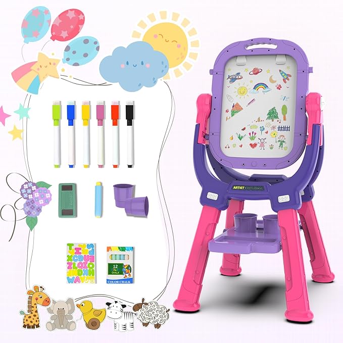 Easel for Kids, Toddler Art Easel Adjustable Standing, Magnetic Double Sided Easel with Painting Accessories Gift for Boys and Girls (Purple red)
