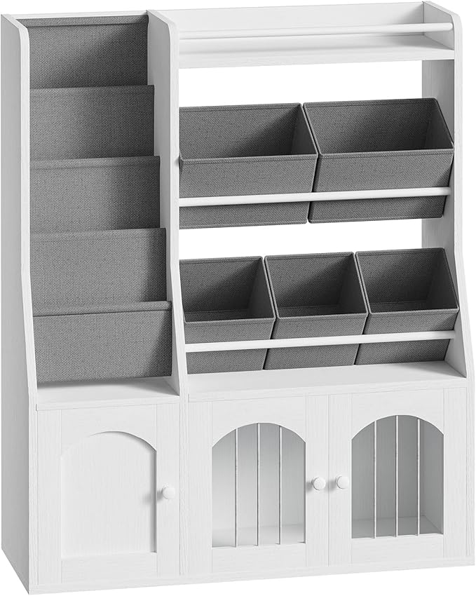 Toy Storage Organizer, Kids Toy Storage with 5 Fabric Drawers and 5-Tier Hanging Bookshelf, Elastic Doors and Guardrail, Bookcase for Bedroom, Nursery, Classroom, White and Gray