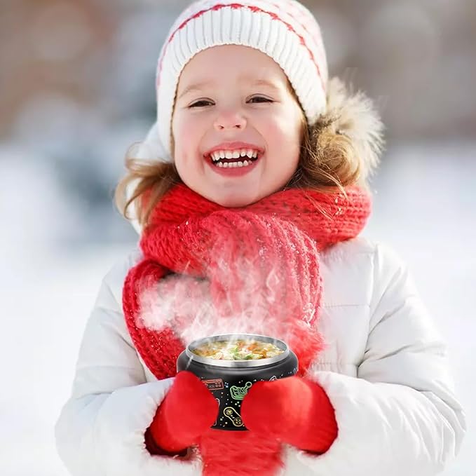 13.5oz Kids Soup Jar for Hot Food Vacuum Insulated Food Jar with Buckle Lid, Stainless Steel Wide Mouth Leak Proof Lunch Container for School Picnic Travel (Game Black)