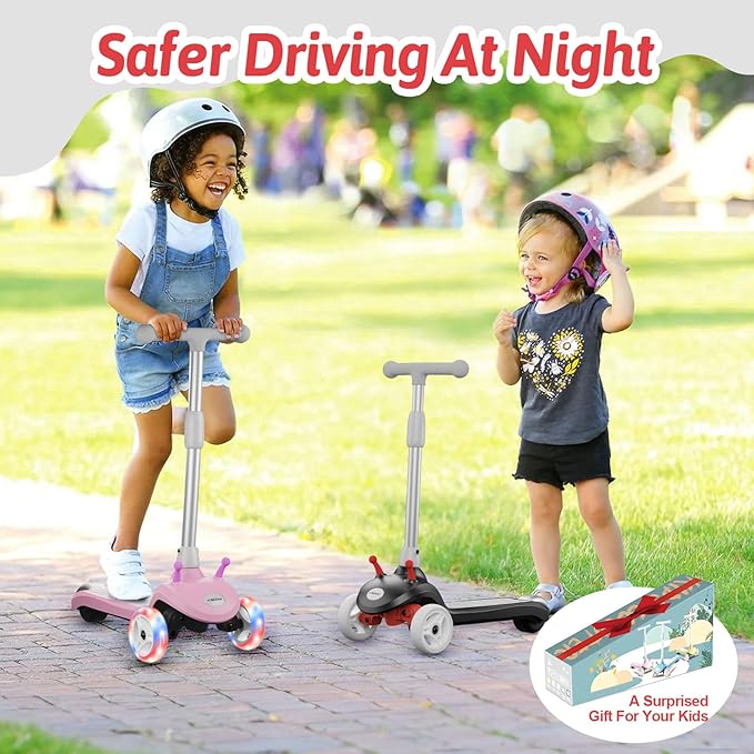 Electric Scooter for Kids Ages 3-8, 3 Wheel Kids Electric Scooter with LED Light-up Wheels, 3 Height Adjustable, C-Shaped Handle, Lean-to Steer Design, Best Children's Gifts