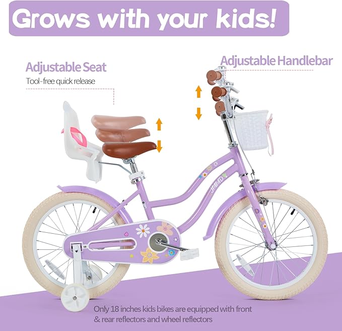 JMMD Girls Bike for 4-12 Years Old Kids, 12 14 16 18 20 24 Kids Bike with Training Wheels, Basket and Doll Seat, Toddler Girls Bicycles with Handbrake & Kickstand, Multiple Colors