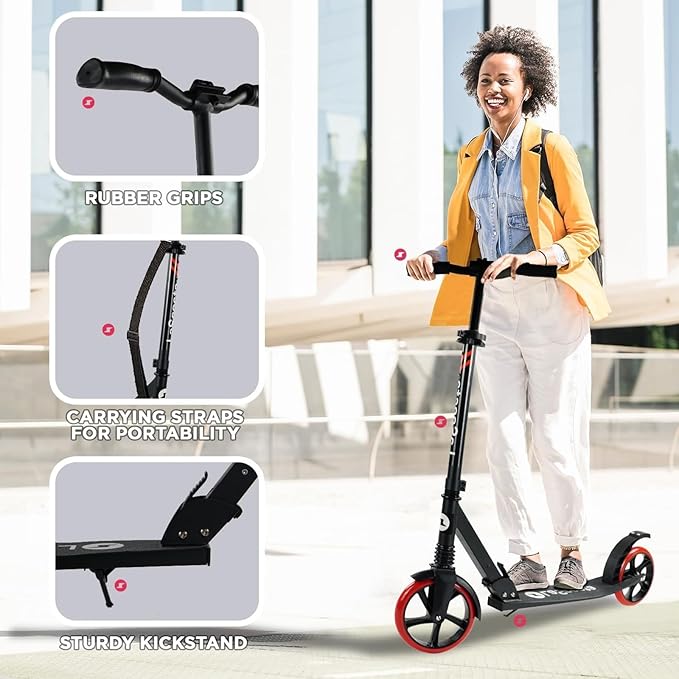 LaScoota Kick Scooter for Kids Ages 6+, Teens & Adults, Large 8" Sturdy Urethane Wheels. Adjustable Handlebar, Lightweight, Foldable, 220lbs Max Load