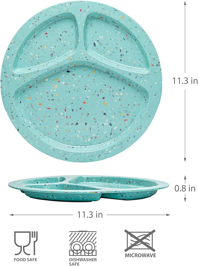 bzyoo 11-Inch Divided Green Set of 2 - Confetti Green BPA-Free, 100% Melamine Portion Control Plates Unbreakable, Dishwasher Safe Plates with Dividers for Weight Loss, Camping, BBQ Parties Fun