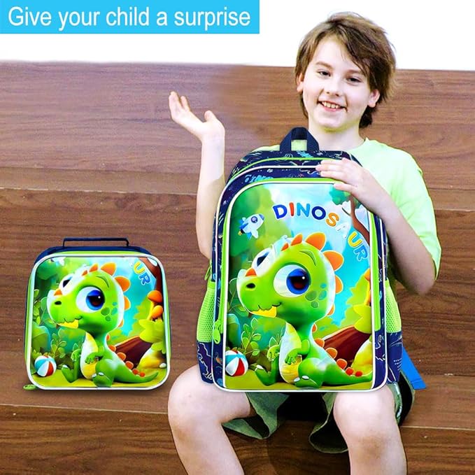 16" Dinosaur Backpack, 3Pcs Boy Bookbag for Elementary Preschool Kindergarten, Kids School Backpacks with Lunch Box (Green)