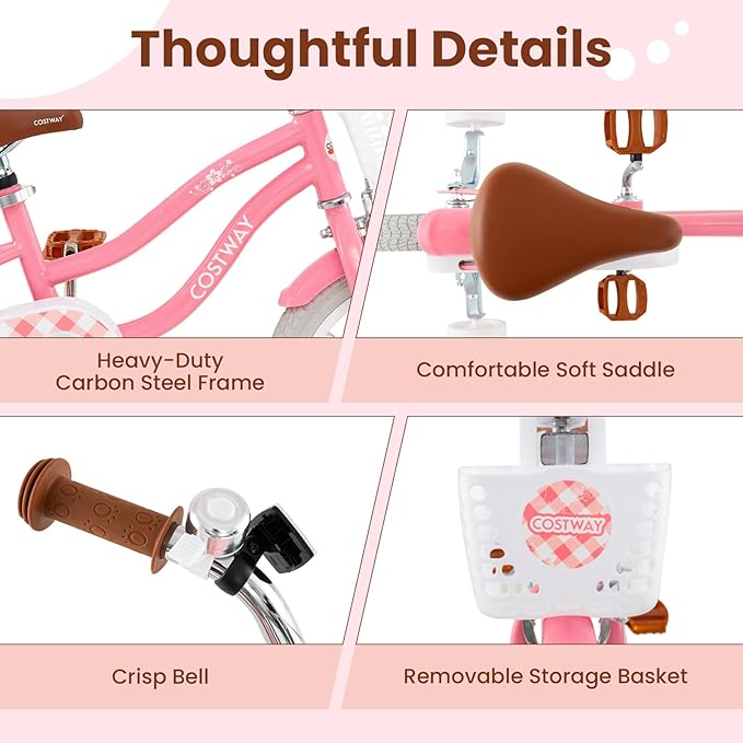 COSTWAY Kids Bike, 12 14 16 18 Inch Toddler Bike Children Bicycle w/Training Wheels, Hand & Coaster Brakes, Adjustable Saddle & Handlebar, Basket, Bell, Kids Bicycle for Girls Boys Aged 3-8 Years Old