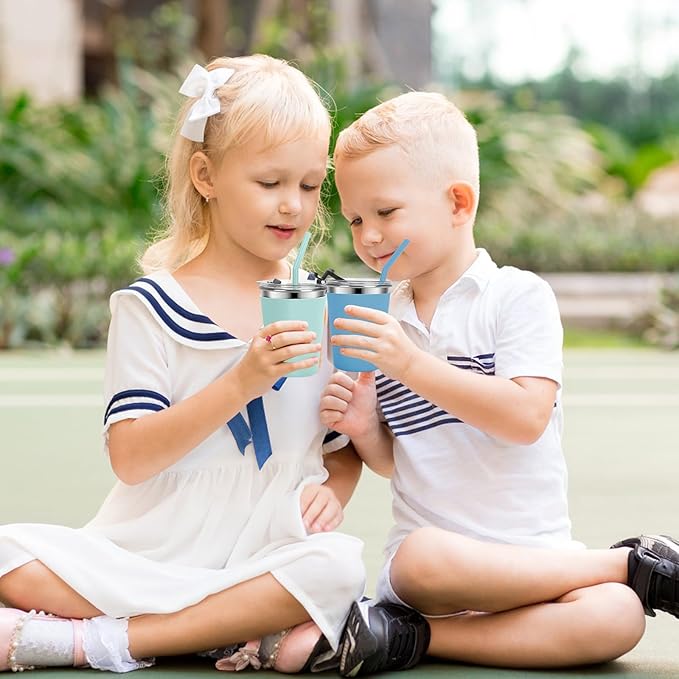 Kids Cups with Straws and Lids Leak Proof, 12oz Sippy Cups for Toddlers 1-3 No Spill, 2 Pack Spill Proof Cup Stainless Steel Kids Cup with Lids for School, Outdoor (Blue & Green)