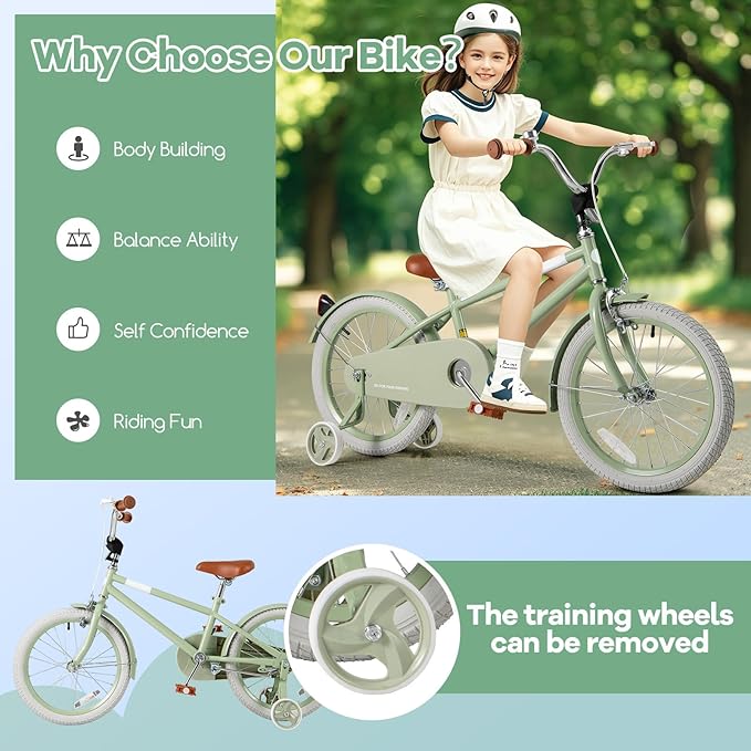BABY JOY Colorful Macarons Kids Bike, 12 14 16 18 Inch Sporty Children's Bicycle with Training Wheels, Adjustable Handlebar & Saddle, Handbrake & Coaster Brake, Boys Girls Bike for 3-8 Years Old