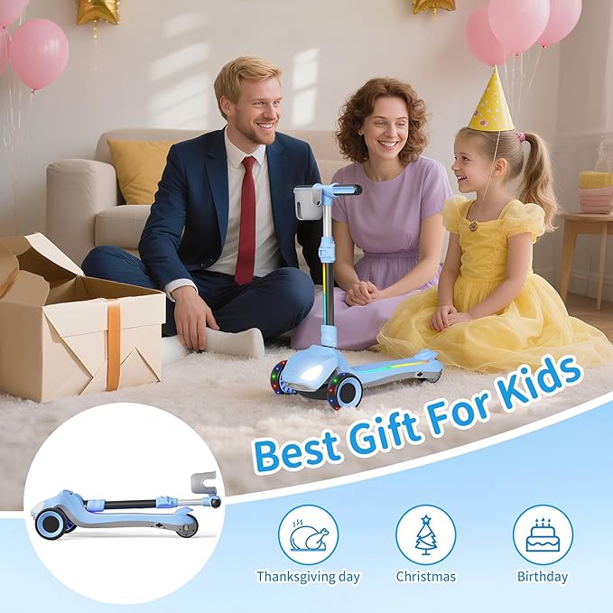 Electric Scooter for Kids with 3 LED Lighted Wheels, Adjustable Height & Lean-to-Steer, Anti-Slip Deck with Lights, Easy-Fold Mechanism, Balance Scooter for Kids,Toddlers