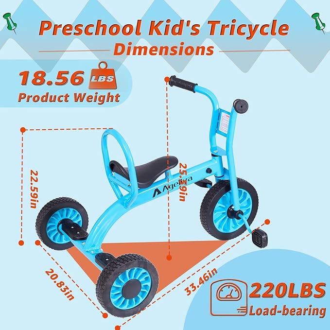Kids Tricycle for Preschool Ages 3+, Ideal Outdoor Playground & Daycare Yard Trikes, Durable Metal Pedal Trike Gift for Boys and Girls, Sturdy Carbon Steel Frame, Inflation-Free Rubber Wheels