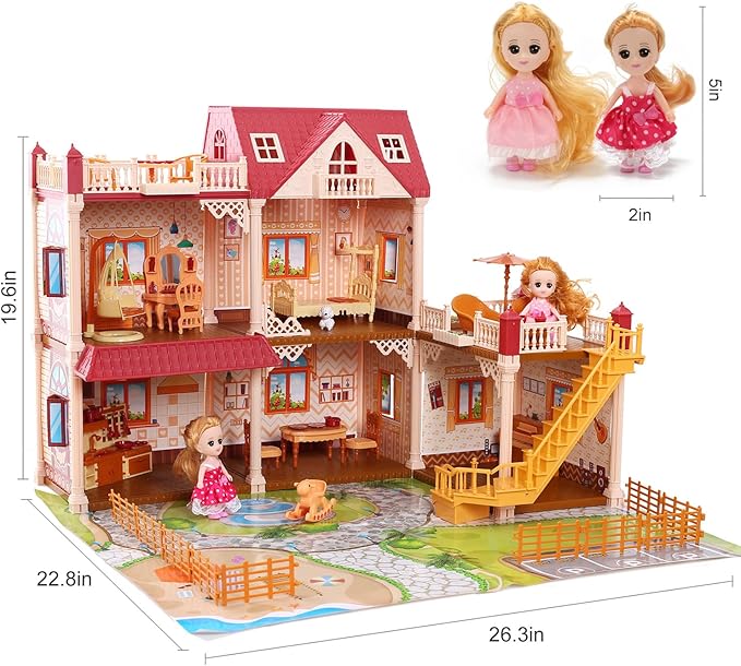 Doll House for Girls, DIY 5-Room Dollhouse Playset wirh Furniture and Accessories, Dream Gift for Kids