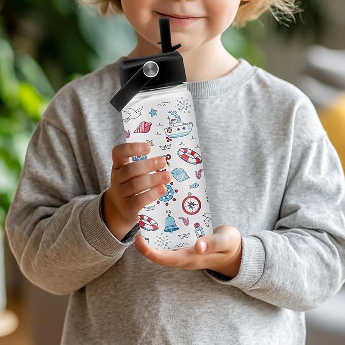 Nautical Gifts for Kids Boys, 16 oz Water Bottles with Straw Lid, Stainless Steel Insulated Ocean Water Bottle for Travel Outdoor, Navigation Lighthouse Cups Gifts for Birthday Christmas