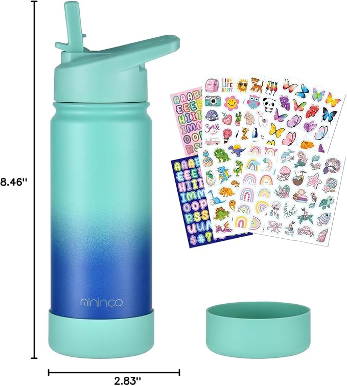 mininoo Kids Water Bottle for School, 16oz Stainless Steel Insulated Water Bottle Kids with Straw Lid for Girls, Boys (Sky/Blue)