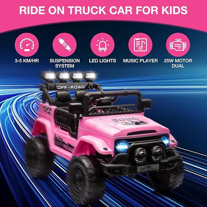 Ride On Truck Car 12V, Electric Vehicle w/Remote Control, 3 Speeds, LED Lights, Music, Spring Suspension, Ride on Car for Kids