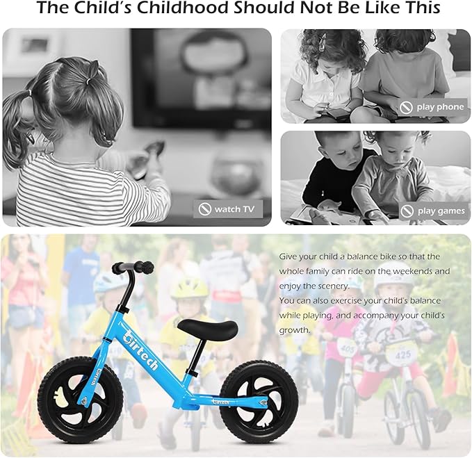 Birtech Balance Bike for 2-5 Year Old, 12 Inch Toddler Bike No Pedal Training Bicycle with Adjustable Seat Height, Airless Tire (Light Blue)