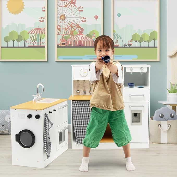 HONEY JOY Kids Kitchen Playset, 2-Piece Modular Wooden Corner Toy Kitchen Set/Washing Machine & Sink, Coffee Maker, Range Hood & Stove, Stool, Little Chef Pretend Play Kitchen for Toddlers, Natural