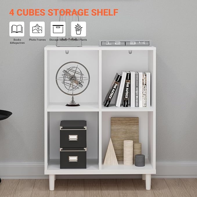4 Cube Storage Organizer |Cubby Shelf | Small Book case |Small White Bookshelf| -Cubic Storage Cabinet(Storing Books,Toys & More Easy to Install)