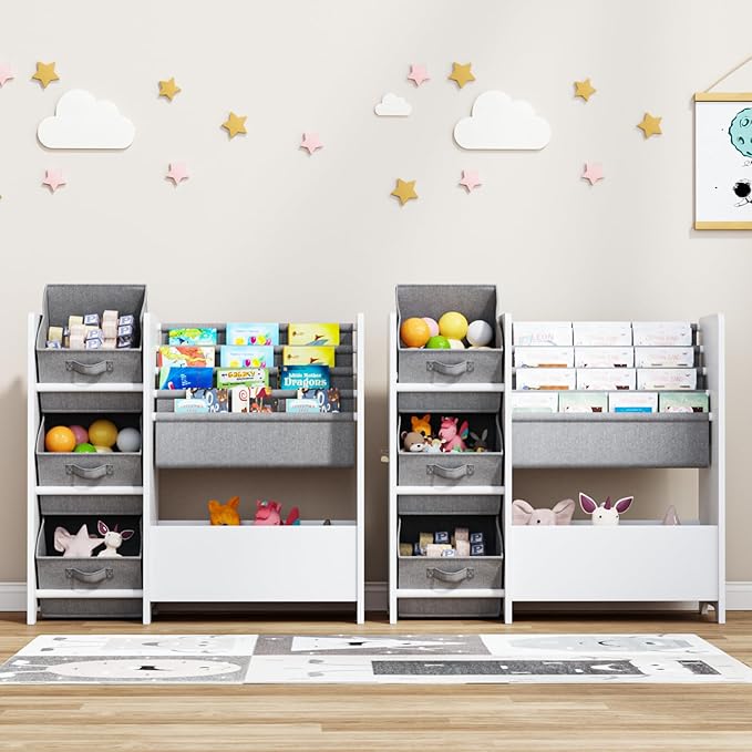 Kids Bookshelf & Toy Storage Organizer, Wooden Montessori Bookcase with Front-Facing Display Shelves and Fabric Bins, Toddler Book Shelf for Playroom, Bedroom & Small Spaces – White