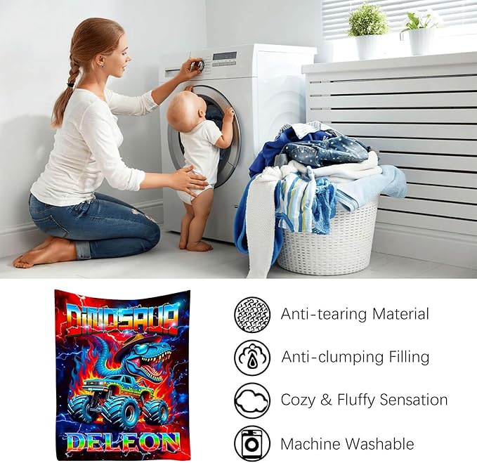 Custom Truck Blanket with Name Personalized Dinosaur Throw Blanket for Boys Cars Lovers Gifts for Couch Sofa Bed Decor(Boy-04)