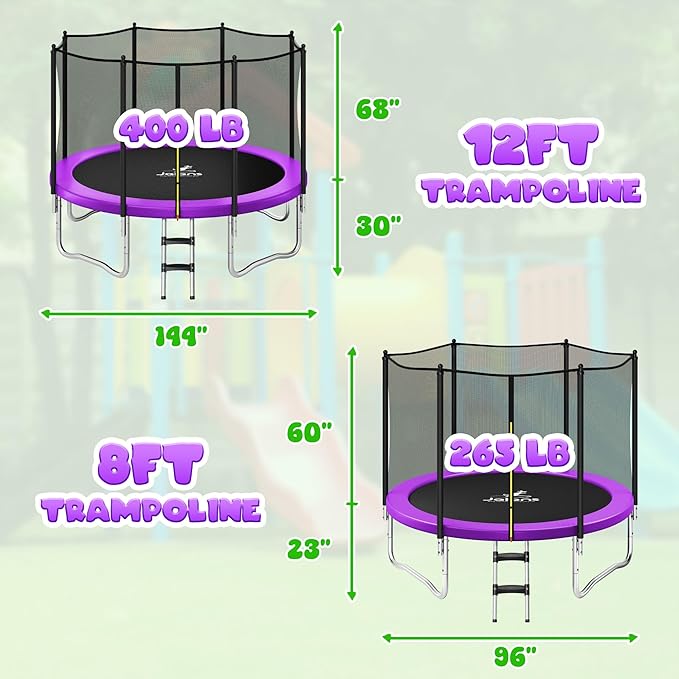 Trampoline 8FT 10FT, Outdoor Trampolines with Enclosure Net and Ladder, Recreational Anti-Rust Trampolines for Kids and Adults, ASTM Approved