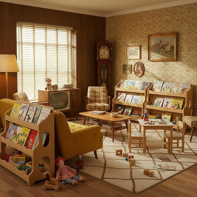 Kids Bookshelf Wooden Montessori Book Shelf Dutch Design 3Tier Scalloped,NaturalMapleWood Pattern