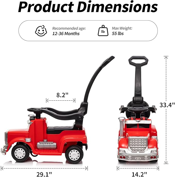 3-in-1 Ride on Push Car for Toddler with Handle, Toddler Ride on Toy for Girls Aged 1-3, Stroller Sliding Walking Car w/Music, Horn and Lights - Red