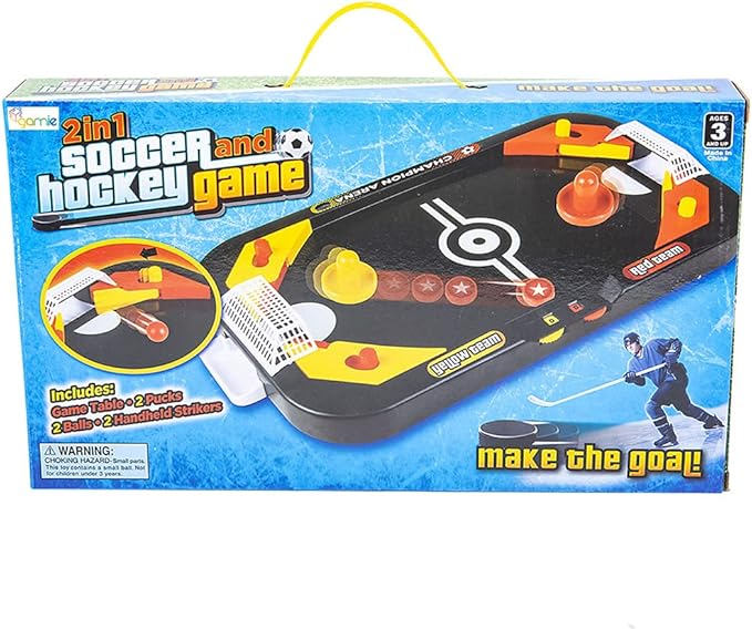 Gamie 2 in 1 Sports Table Games Mini Air Hockey Table for Kids, and Soccer Game for Indoor Fun, Includes Pucks, Balls, and Strikers, Air Hockey Fits on Table or Floor for Hours of Action-Packed Play