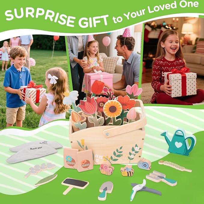 Wooden Pretend Play Toy Gardening Box-30 Pieces Wood Flower & Garden Tool Sets for Toddler 3 4 5 6 Year Old,Kids Educational Learning Toy,Girls Birthday Gift