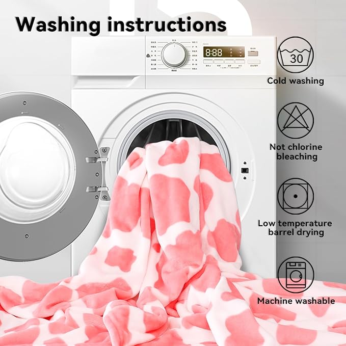 Strawberry Pink Fleece Blanket - Cute Soft Cow Print Throw for Bedroom Decor - Lightweight Warm Fuzzy All-Season Use 50"x60"