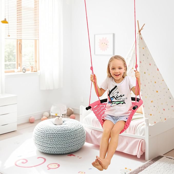 JKsmart 2 Pack Kids Swing Seat, Heavy Duty Rope Play Secure Children Swing Set, Toddler Swing Chair for Outdoor/Indoor/Playground/Home/Tree, with Snap Hooks and Swing Straps,440 lbs Capacity,Pink