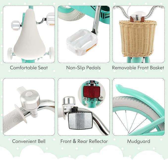 COSTWAY Kids Bike, 14 16 18 Inch Toddler Bike with Training Wheels, Basket, Adjustable Seat & Handlebar, Hand & Coaster Brakes, Bell, for Girl Boy Aged 3-8 Years Old