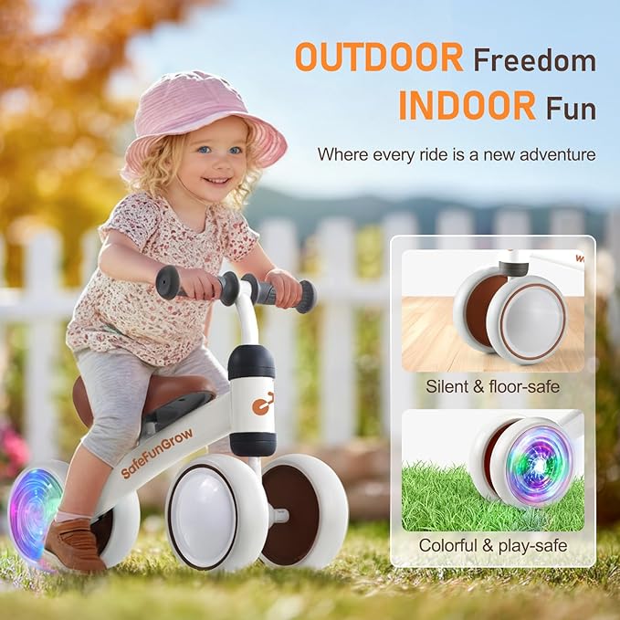 Colorful Lighting Baby Balance Bike Toys for 1 Year Old Girl Gifts, Balance Bike 1 Year Old No Pedal, 12-24 Months Toddler Ride on Toys with 4 Silent Wheels & Soft Seat, 1st Birthday Gifts, White