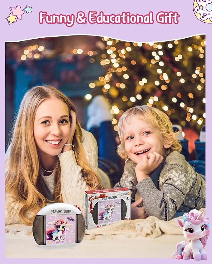Rotating 3D Puzzle for Kids 3 4 5 6 7 Year Old, 4 Puzzles in 1, Handheld Game Fidget Toys for Travel, Cars & Plane, Fine Motor Skills Developing (Magical Unicorn Squad)
